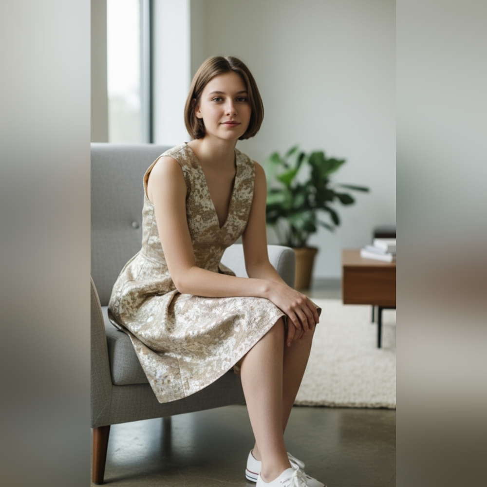 Elegant Gold and Cream Sleeveless Dress